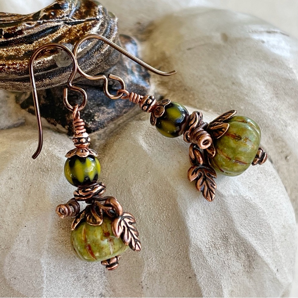 Hand Crafted “Green Jade Knight Pumpkin” Dangle Earrings - Picture 3 of 11